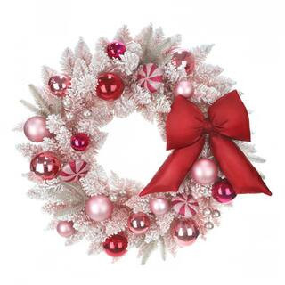 24" Pink Ornament & Flocked Pine Wreath with Red Bow by Ashland® | Michaels® | Michaels Stores