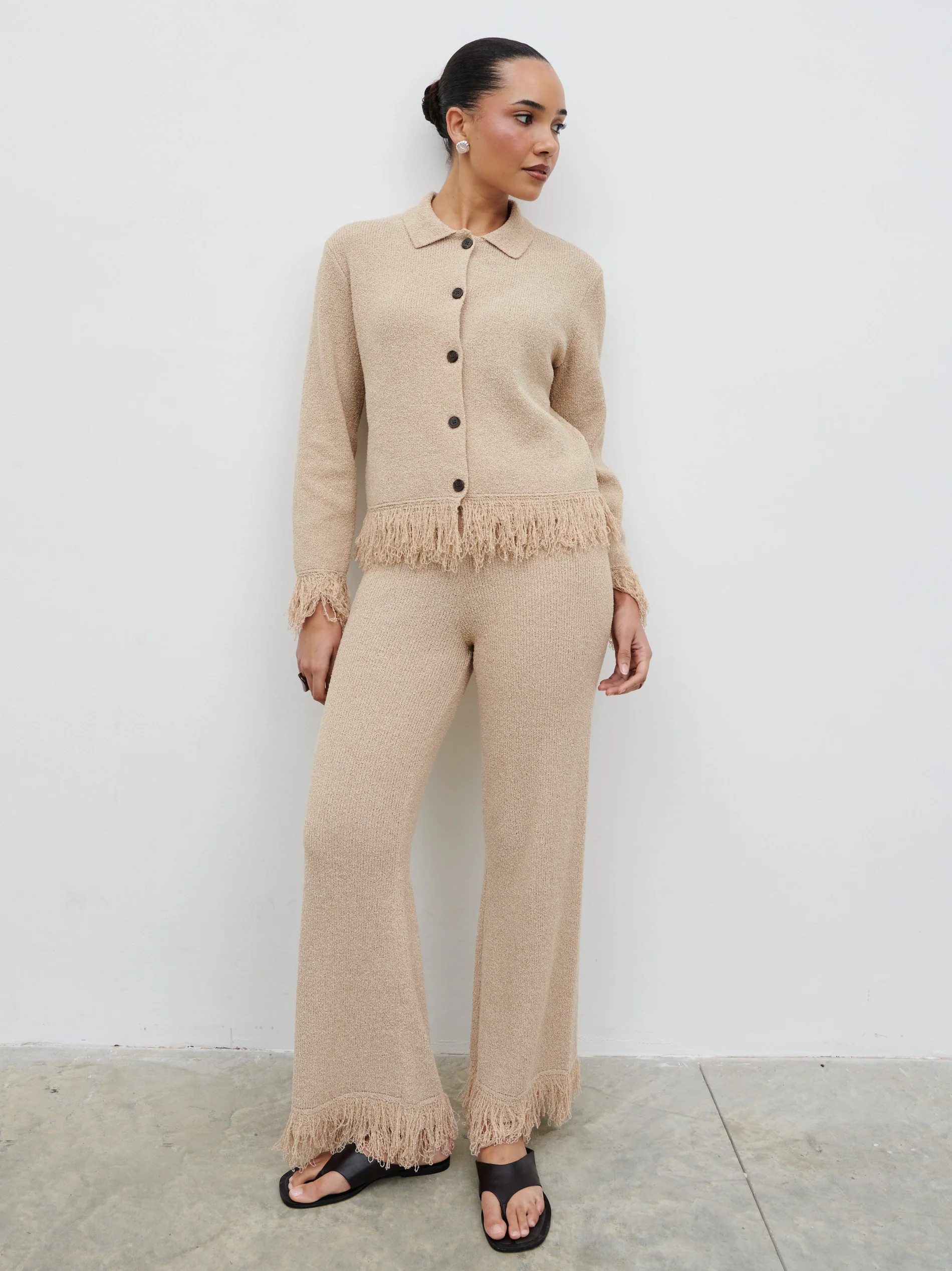 Analeia Fringe Knit Cardigan - Beige | Pretty Lavish (UK)