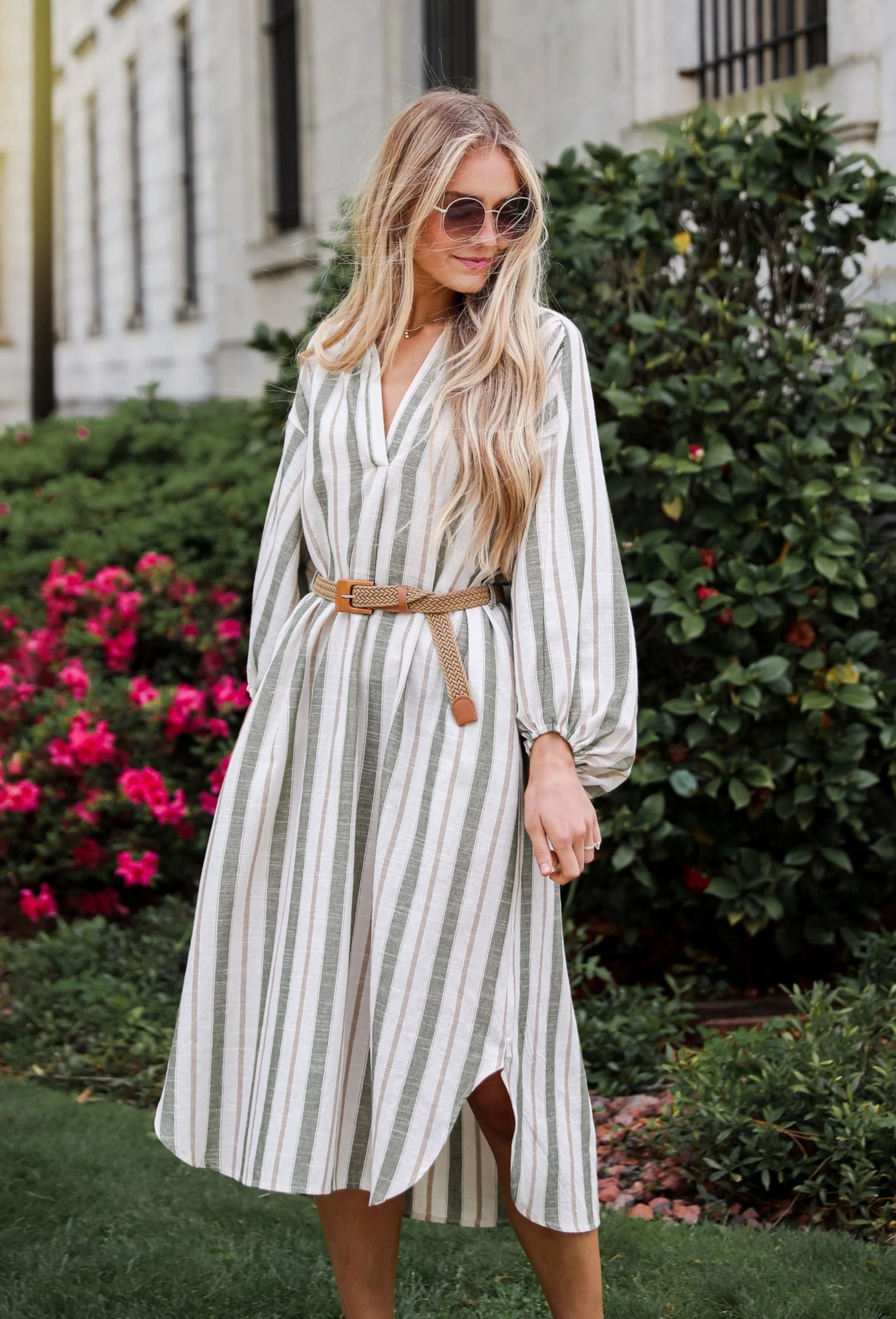 Poised Affection Light Olive Striped Midi Dress | Dress Up
