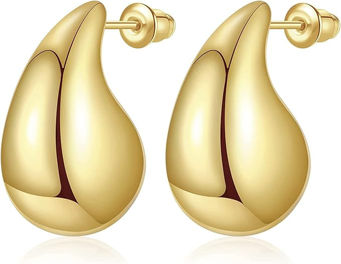 18K Gold Hoop Earrings for Women, Chunky Waterdrop Teardrop Gold Hoop Earrings, Hypoallergenic, J... | Amazon (UK)