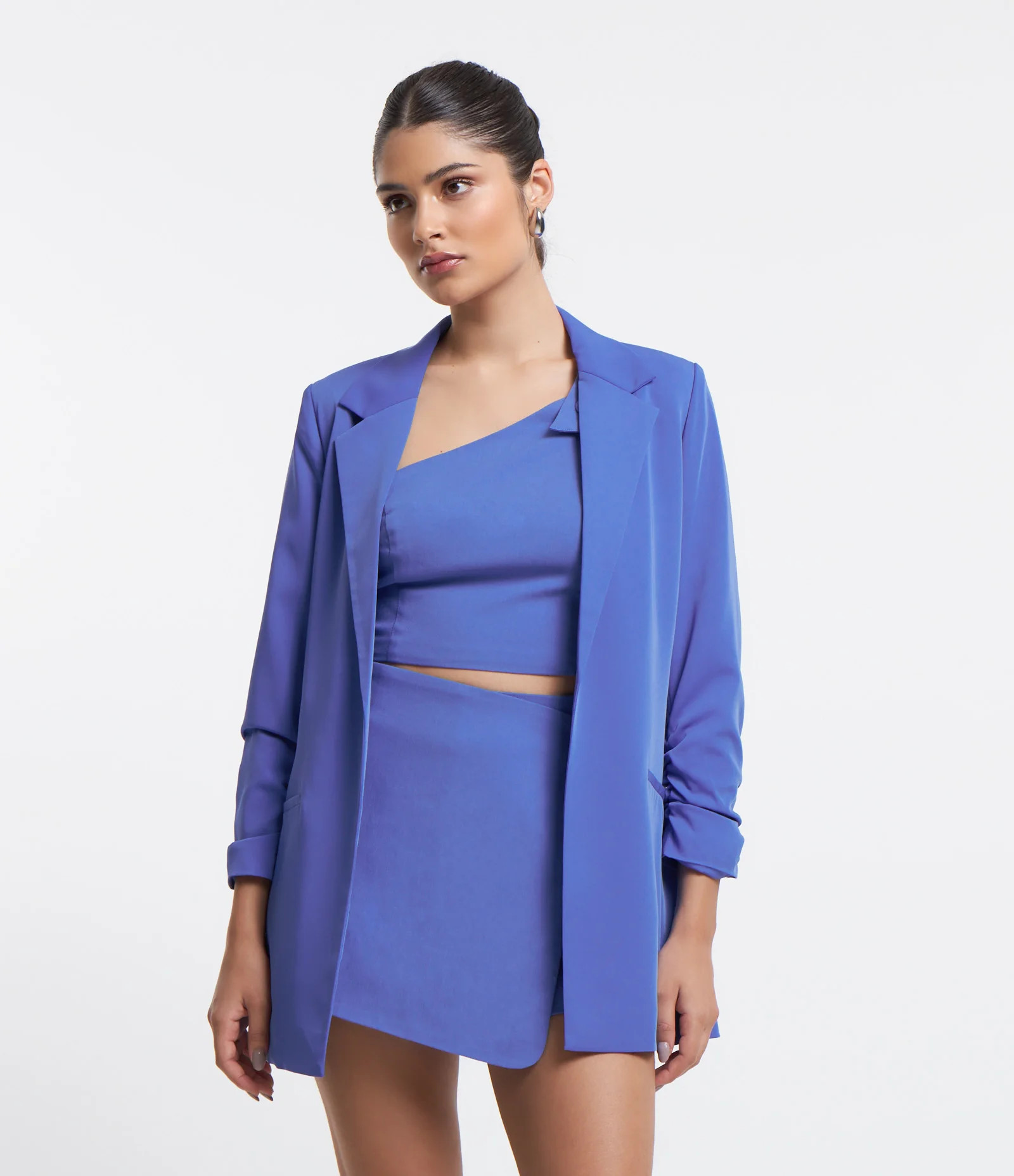 Blazer Alongado de Alfaiataria em Crepe com Rugas nas Mangas Azul | Renner (BR)