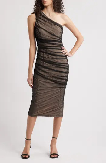 MANGO Deva Ruched Mesh One-Shoulder Dress in Black at Nordstrom Rack, Size 2 | Nordstrom Rack