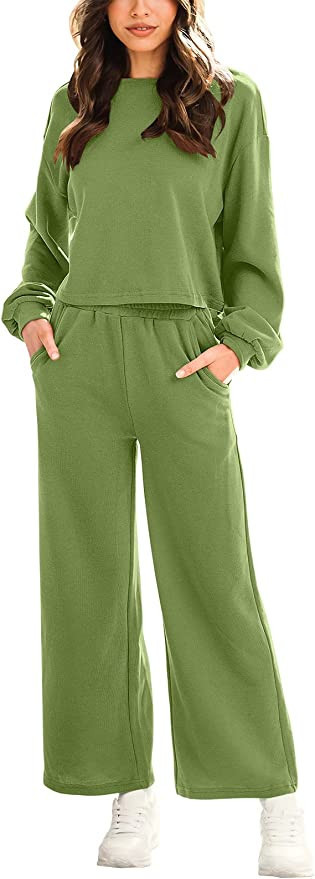 Prinbara Women's Casual Two Piece Outfits Long Sleeve Crop Top Wide Leg Pants Knit Sweatsuit Loun... | Amazon (US)