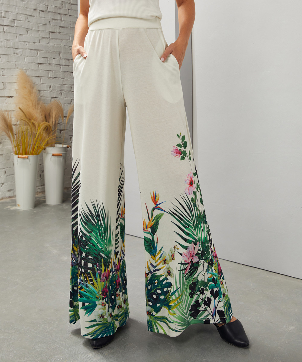 Suzanne Betro Women's Casual Pants 101WHITE - White & Green Tropical Wide-Leg Pants - Women & Plus | Zulily
