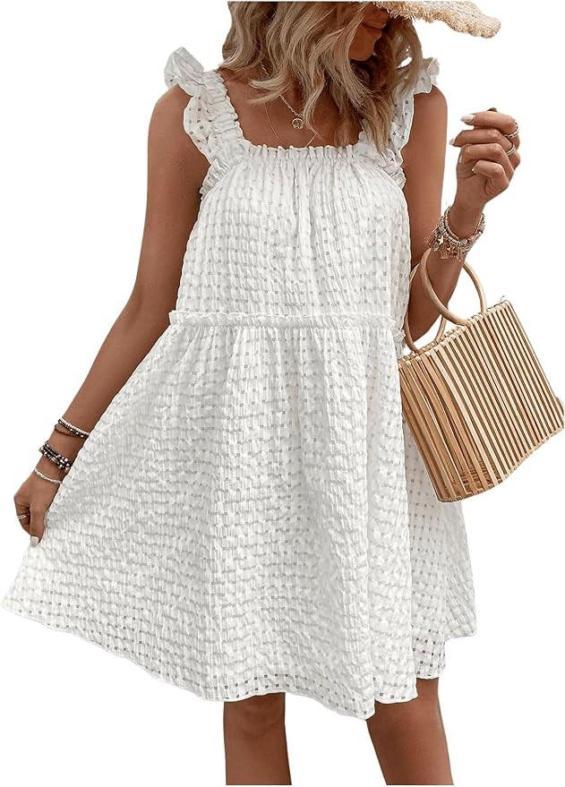 MakeMeChic Women's Plaid Gingham Dress Summer Squared Neck Ruffle Flowy Boho Short Dresses | Amazon (US)