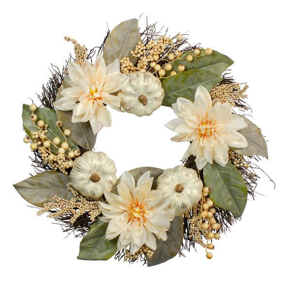 Northlight Dahlia and Pumpkin Artificial Floral Wreath, White 22-Inch | Target