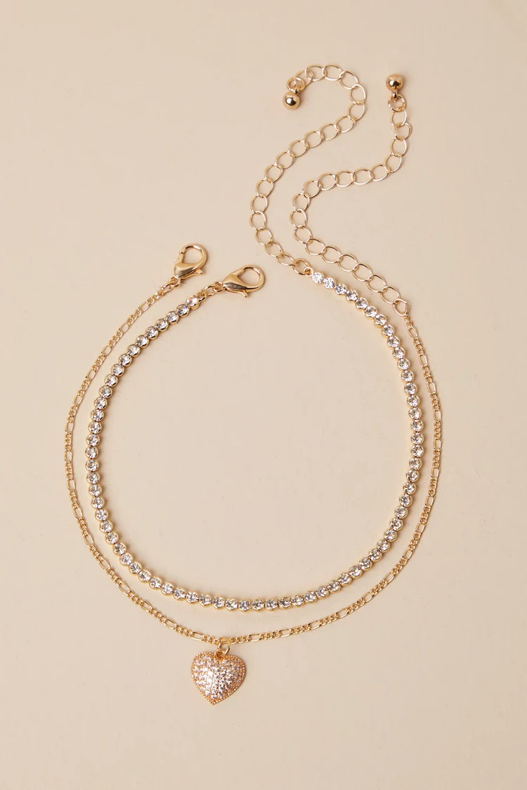 Gorgeous Glitter Gold Rhinestone Heart Two-Piece Anklet Set | Lulus