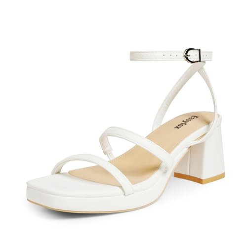 Easyfox White Heels for Women Chunky Heel Platform Sandals Women Square Toe White Platform Heels Strappy Platform Sandals Two Strap Block Heel Dance Wedding Shoes Size 9 | Amazon (US)