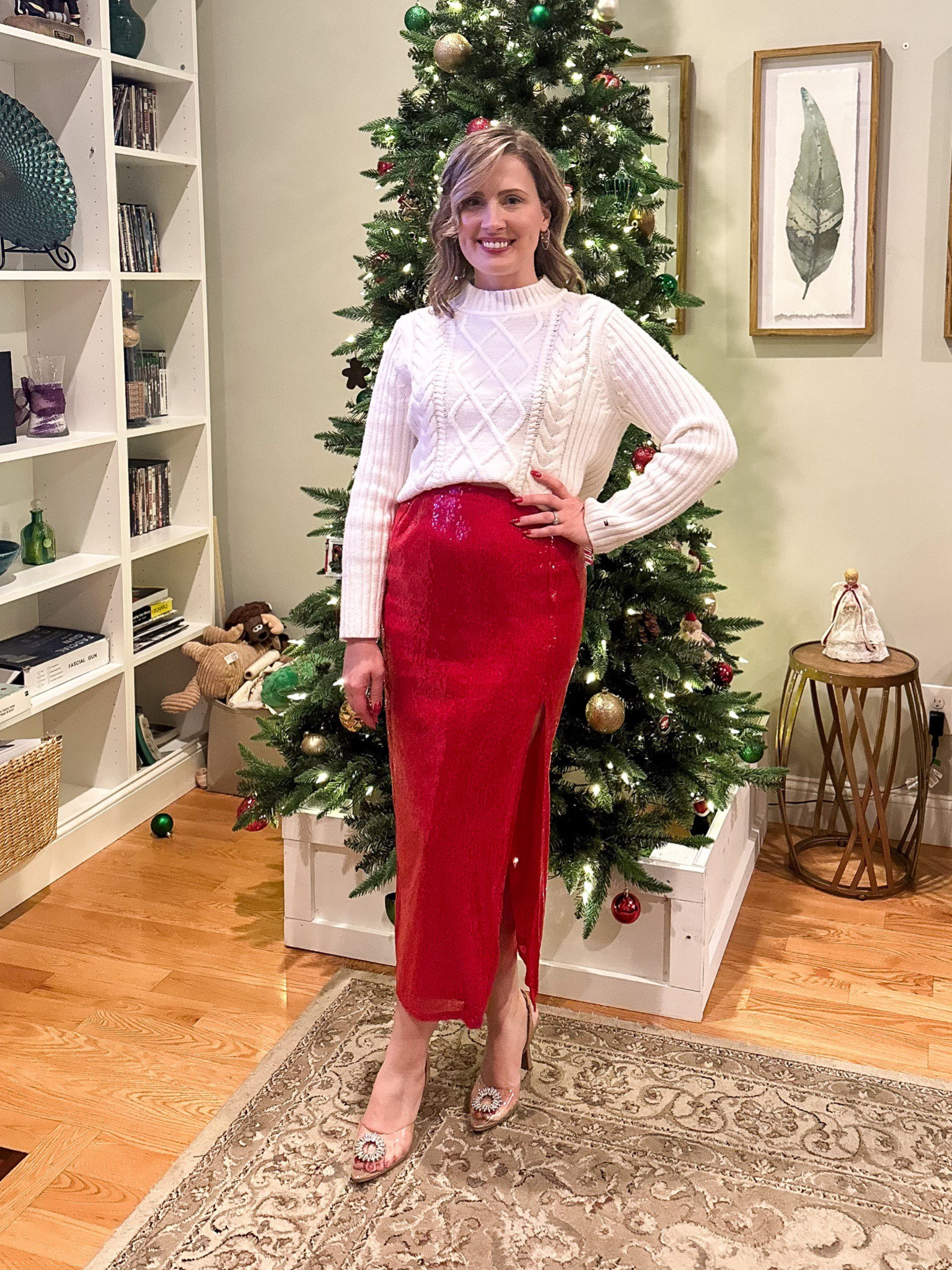 This outfit is great for the holidays. Adding a plain sweater to a sequin skirt and some clear heels makes the outfit dressy casual. You can wear this to a work holiday gathering or a festive get together with family and friends. 



#Christmasoutfit #LTKgiftguide #LTKparties

#LTKHoliday #LTKStyleTip #LTKShoeCrush