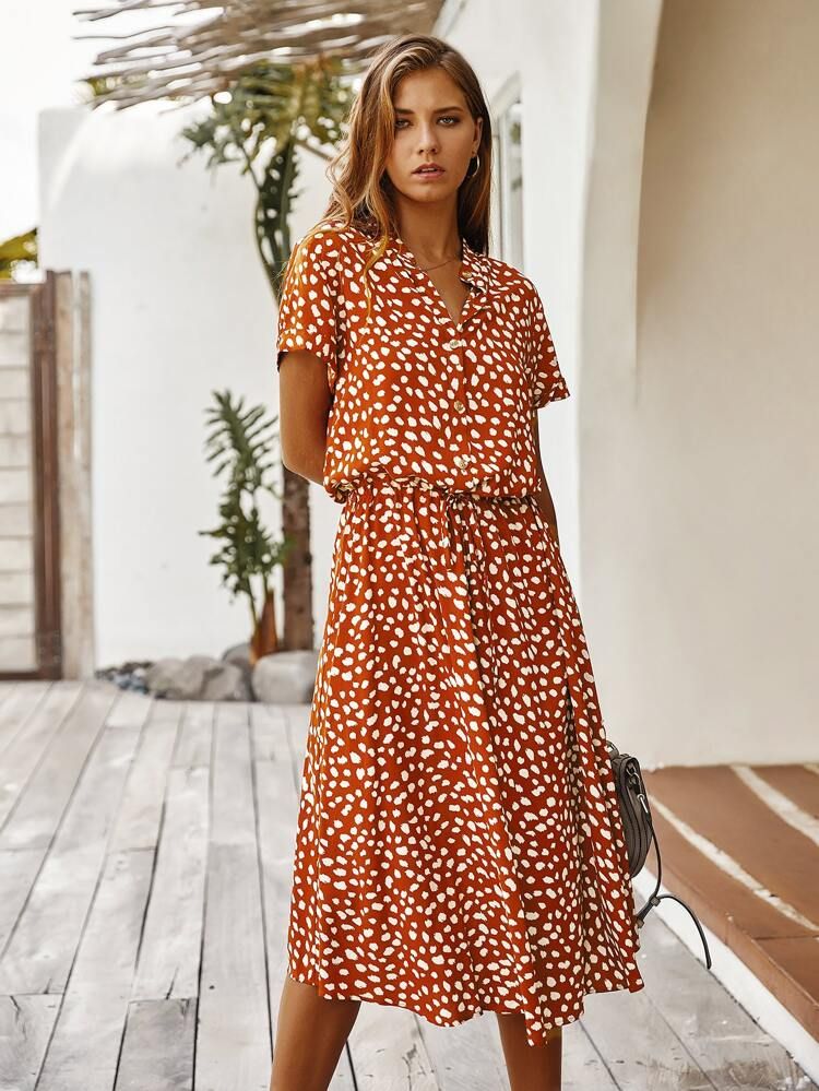 Dalmatian Print Button Front Drawstring Long Dress | SHEIN