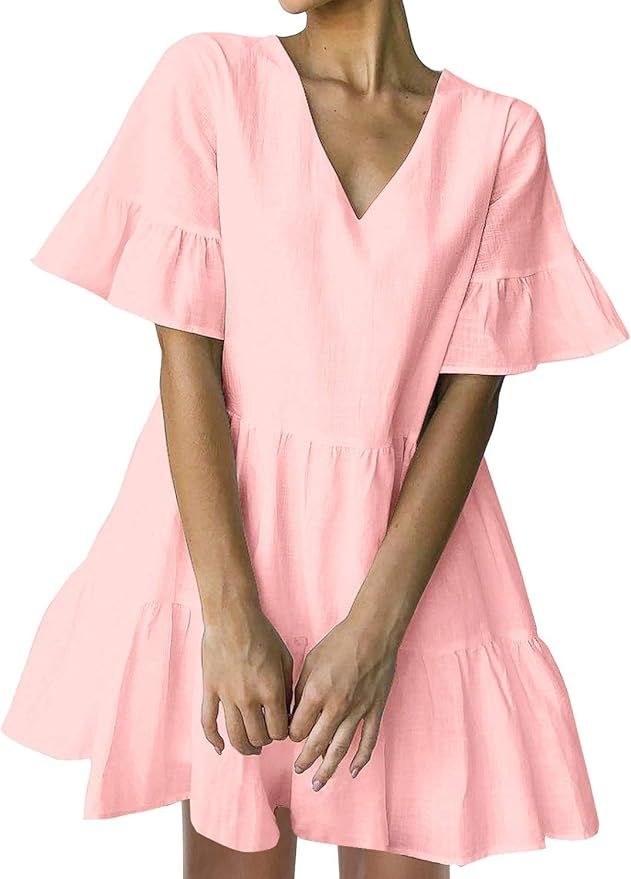 FANCYINN Women’s Cute Shift Dress with Pockets Bell Sleeve Ruffle Hem V Neck Loose Swing Tunic ... | Amazon (US)