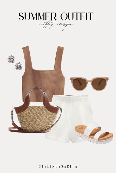 Summer outfit ideas, vacation outfits, minimalist outfit, white sandals, beach outfit, sunglasses, brown tank top, nordstrom stud earrings, woven tote bag

#LTKU #LTKstyletip #LTKunder50