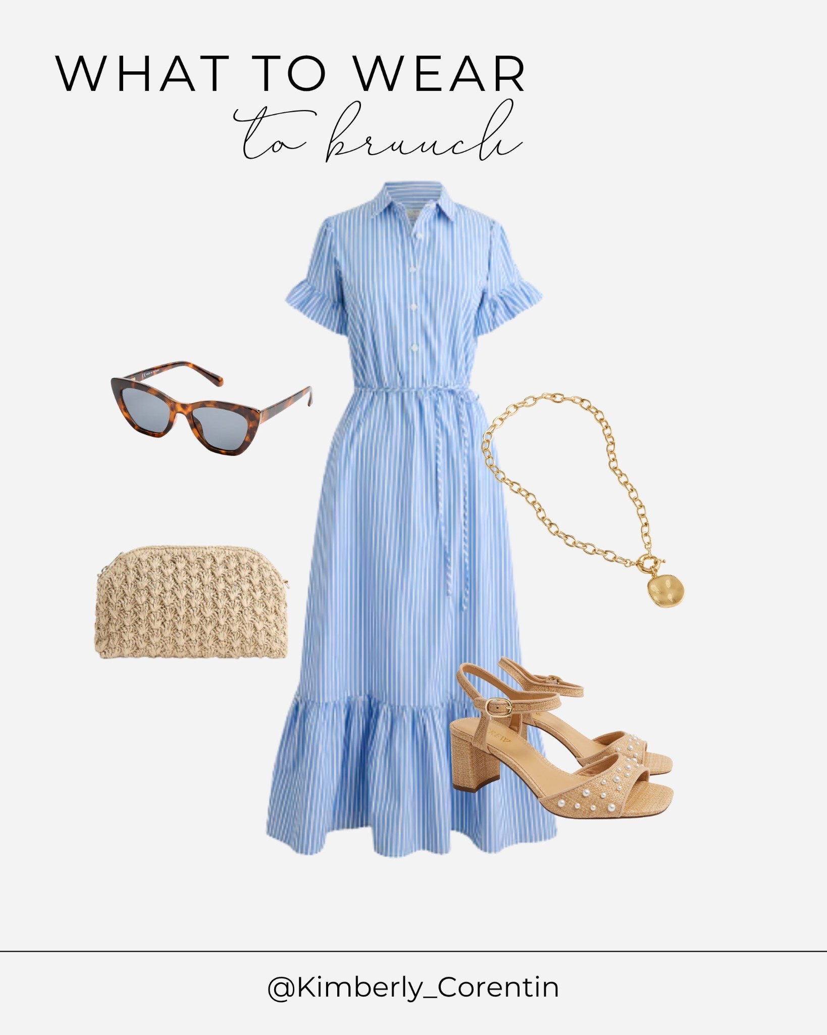 What to wear to brunch 🍳 Blue and white striped midi dress with puff sleeves, woven clutch, tortoiseshell sunglasses, gold medallion necklace, and pearl sandals — classic, feminine brunch style!

#brunchoutfit #brunchoutfitideas #whattowear #brunchlook #sundaybrunch #weekendbrunch #springbrunch #stripeddress #mididress #blueandwhitedress #blueandwhitestripes #puffsleeves #puffsleevedress #shirtdress #wovenbag #wovenclutch #strawclutch #summerbag #tortoiseshellsunglasses #cateyes #goldnecklace #medallionnecklace #chunkychain #pearlsandals #blockheels #nudesandals #feminineoutfit #classicstyle #preppystyle #ladylikestyle