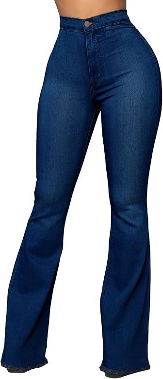 Women's Elastic Ripped Hole Classic Denim Bell Bottom Jeans | Amazon (US)