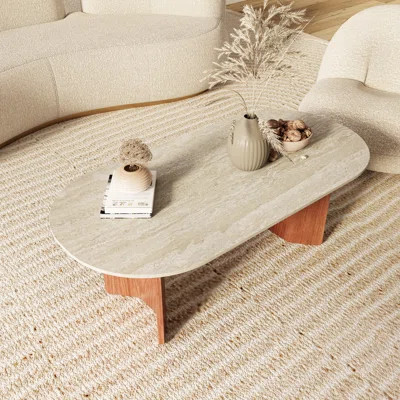 Meranda 47" Modern Oval Travertine Textured Stone Coffee Table-Unique Travertine Slab Top And Semi-Circular Solid Wood Base For Living Space | Wayfair North America