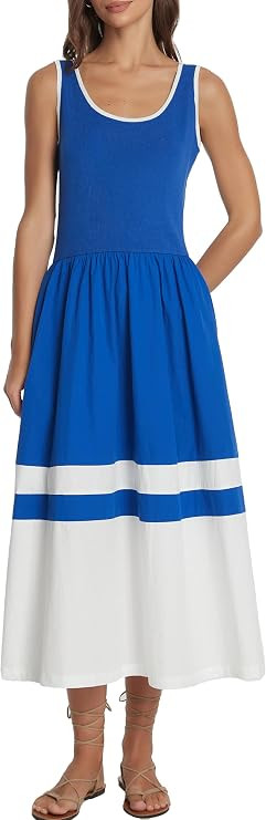 Ladyful Women's Summer Casual Sleeveless Dress Patchwork Knit Maxi Long A line Tank Dresses Crewn... | Amazon (US)