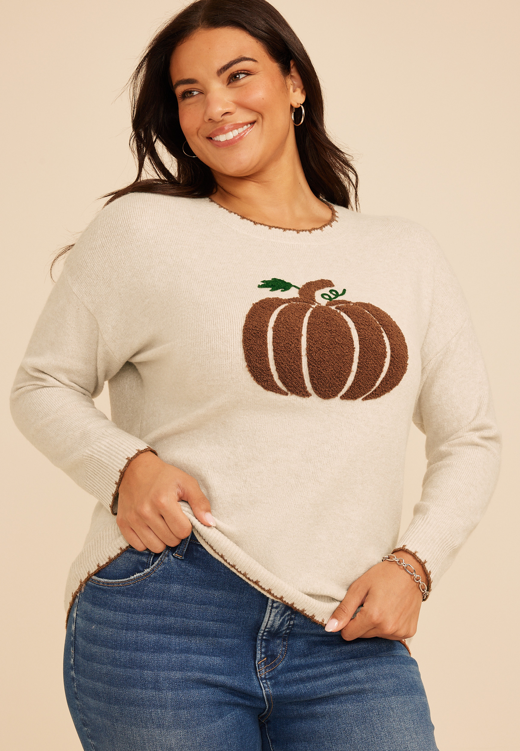 Maurices Plus Size Women's Sherpa Pumpkin Whipstitch Crew Neck Sweater | Maurices