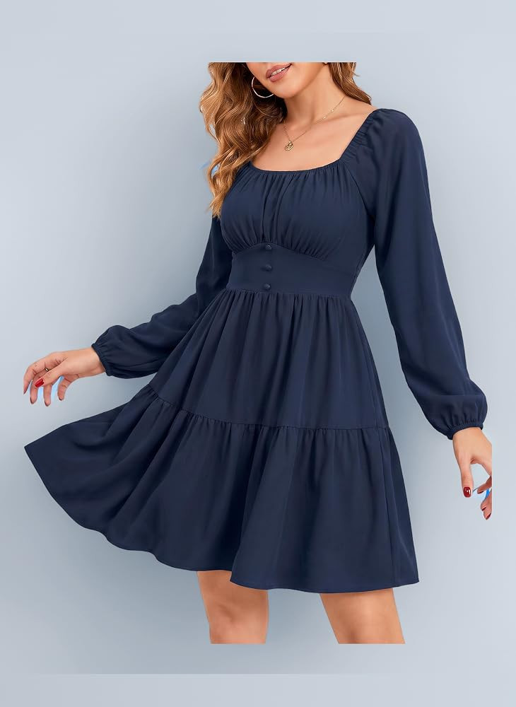 Florboom Damen Kleid Elegant Langarm Eckiger Ausschnitt Minikleid A-Linie Herbst Freizeitkleid mi... | Amazon (DE)