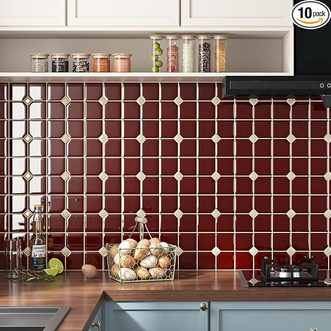Vintage Red Peel and Stick Backsplash for Kitchen Squares Peel and Stick Wall Tiles Back Splash A... | Amazon (US)