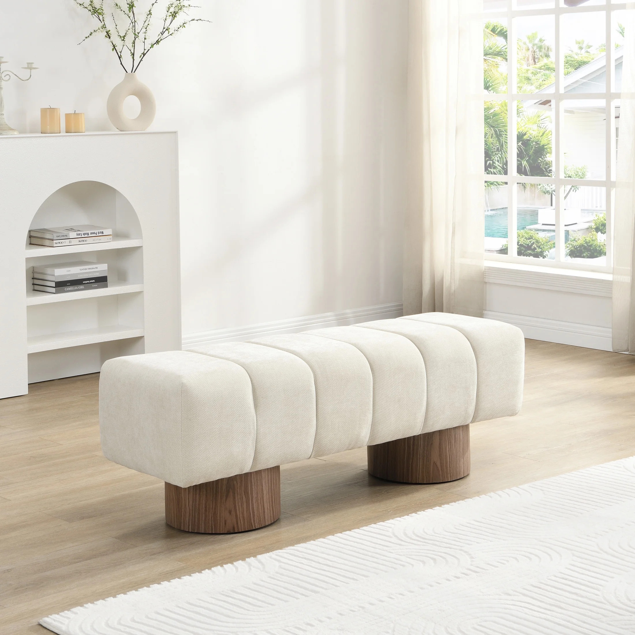 Christopher Knight Home Modern Mid-Century 50" Chenille Tufted Ottoman Bench, Faux Wood Legs, Bei... | Walmart (US)