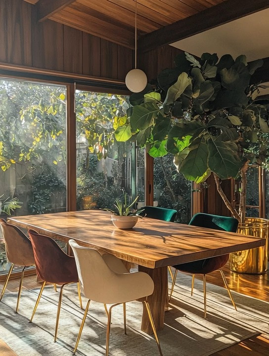 Create an unexpected, designer-style dining table setup by pairing a beautiful solid wood dining table with mixed velvet dining chairs in different rich, complementary colors. Instead of matching everything perfectly, intentionally mix tones—deep green, warm rust, soft ivory, or muted neutrals—to create a space that feels curated, personal, and effortlessly elegant. This layered approach instantly elevates your dining area and makes it feel custom rather than showroom-perfect.

A wooden dining table brings warmth and grounding, while velvet dining chairs add softness, texture, and a touch of luxury. Mixing chair colors keeps the look dynamic and modern, giving the room visual interest without overwhelming the space. The key is balance—letting the natural beauty of the wood anchor the design while the velvet chairs add personality and depth.

Finish the look with a statement tree-like plant, such as a fig tree or fiddle-leaf-style plant, to introduce greenery and movement. Natural light, organic materials, and rich textures work together to create a dining space that feels intentional, inviting, and uniquely yours. This is the kind of dining setup that feels designed, lived-in, and timeless—perfect for everyday living and memorable gatherings alike.

#DiningRoomDecor #WoodDiningTable #DesignerHome 

 #LTKHome