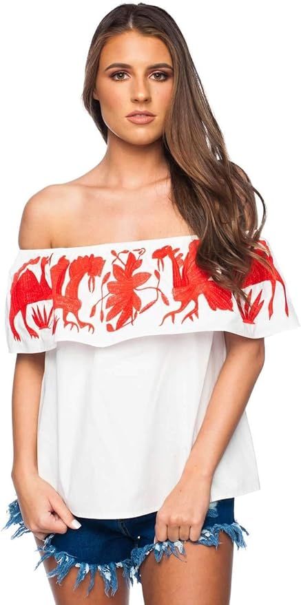 BuddyLove Women's Birdie Ruffled Off The Shoulder Embroidered Layered Blouse- Red | Amazon (US)