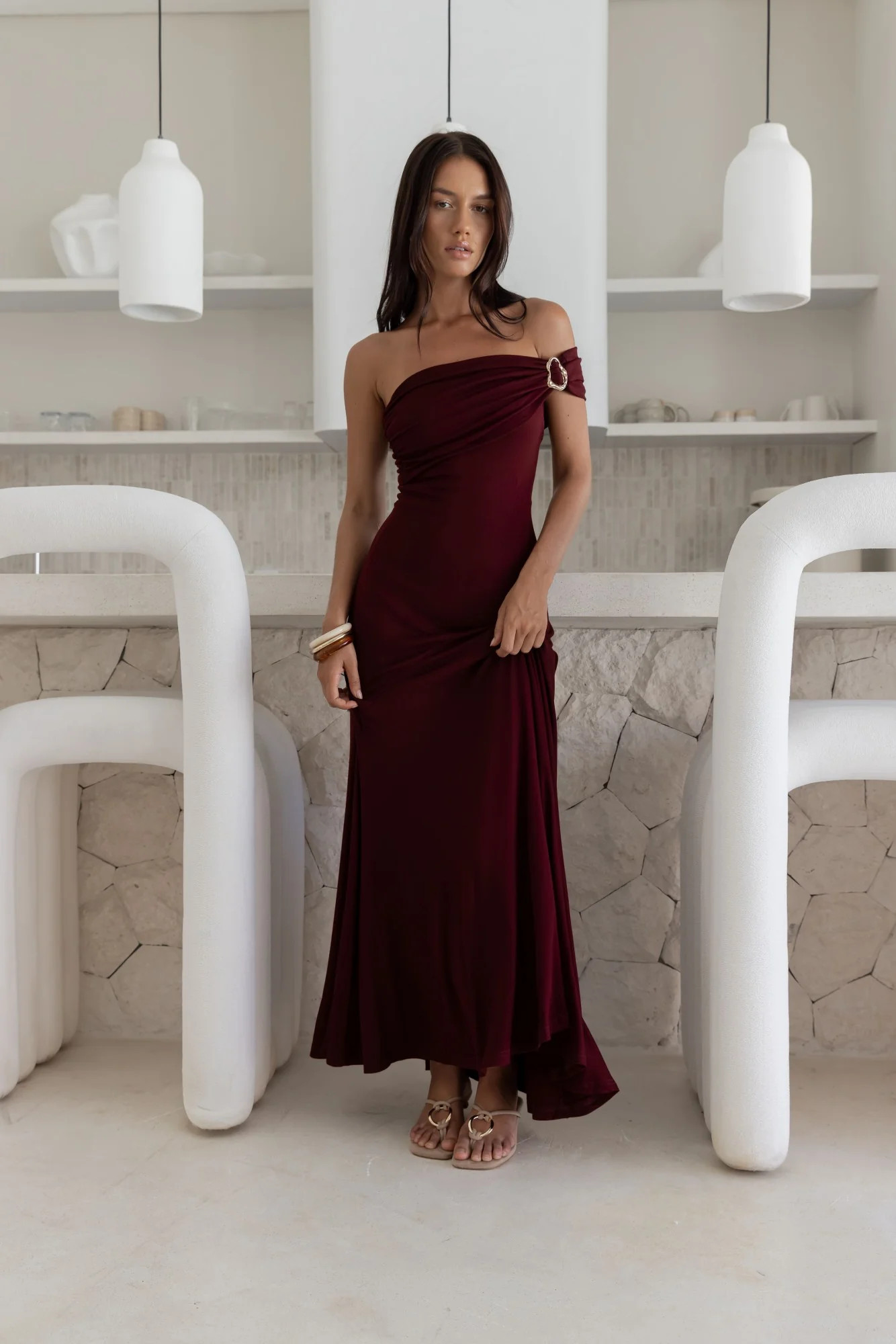 Sundown Secrets Off Shoulder Maxi Dress Wine | Fortunate One