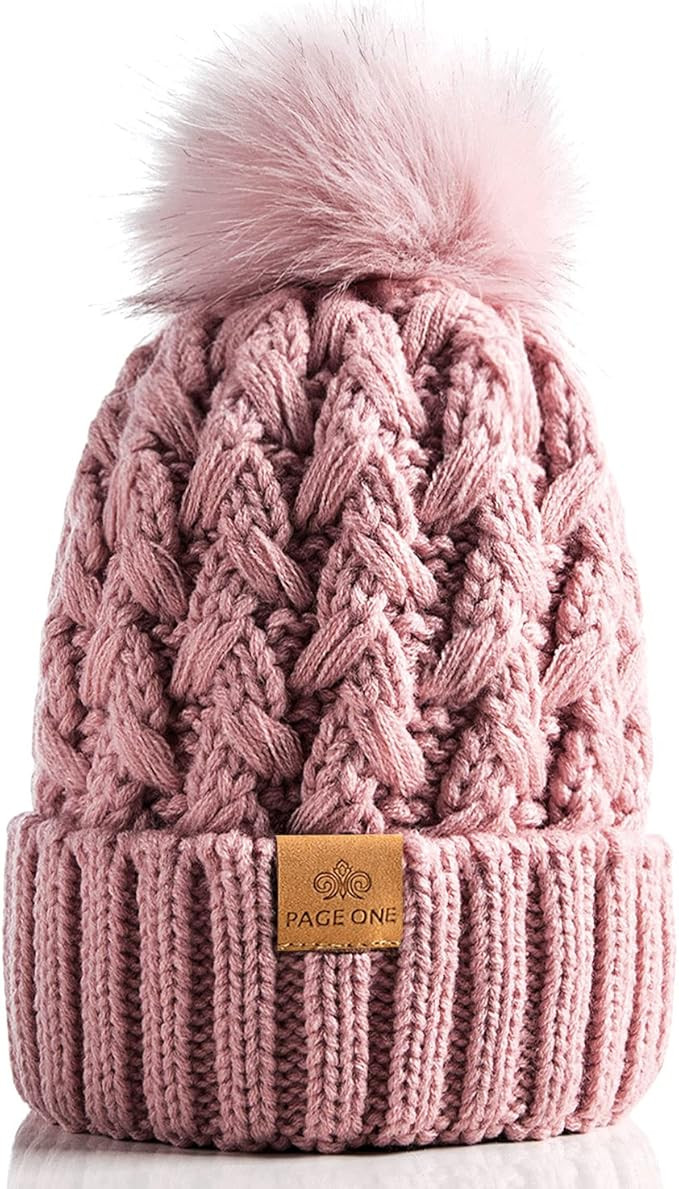 PAGE ONE Womens Winter Ribbed Beanie Crossed Cap Chunky Cable Knit Pompom Soft Warm Hat | Amazon (US)