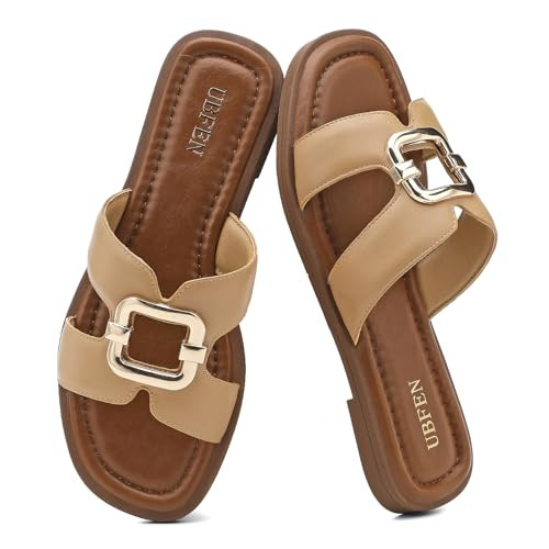 Amazon.com | UBFEN Women's Square Toe H-Strap Slide Sandals Trendy Comfortable Summer Flat Sandal... | Amazon (US)