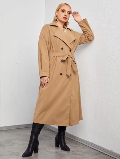 Plus Double Breasted Lapel Neck Belted Trench Coat | SHEIN