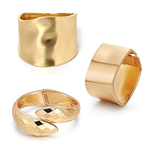 MOZAKA 1-3Pcs Gold Plated Bangle Bracelets for Women Open Hinged Bangle Bracelets Chunky Polished-Finish Wrist Cuff Wrap Bracelets Minimalist Twist-Grooved Wide Cuff Bracelet | Amazon (US)