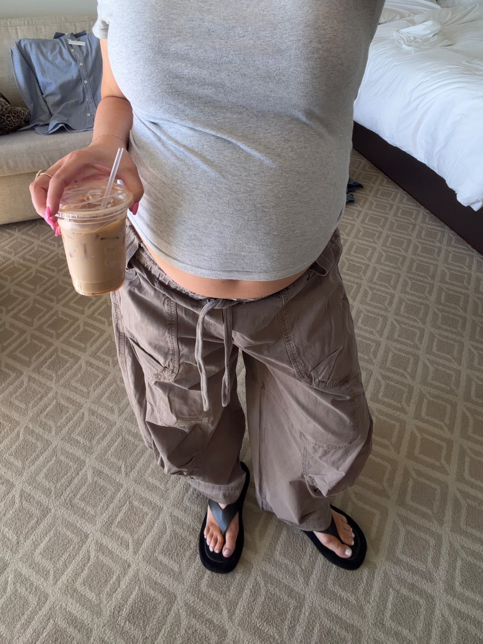 Size L in Abercrombie tee I love the stretch and length of this one it’s so soft and cozy. Sized up one for pregnancy. Free people pants size L the BEST fit super stretchy and comfortable I love the slouchy cargo look. Drawstring waist. 

#pregnant #abercrombie #pregnancystyle #freepeople 

 #ltkbump