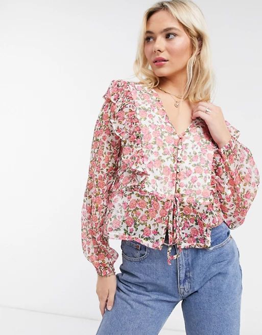 Neon Rose blouse with ruffle front and tie back detail in ditsy floral | ASOS (Global)