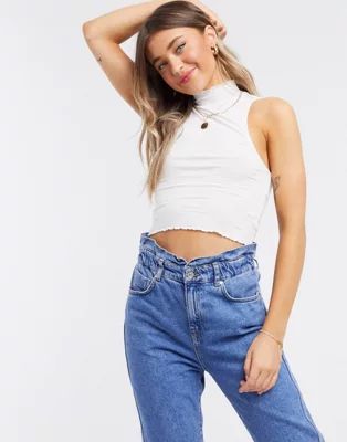 ASOS DESIGN turtleneck crop top in rib with lettuce edge in white | ASOS (Global)