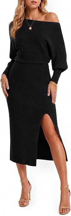 Wenrine Womens Off the Shoulder Sweater Dress Slit Fall Knit Midi Dress | Amazon (US)