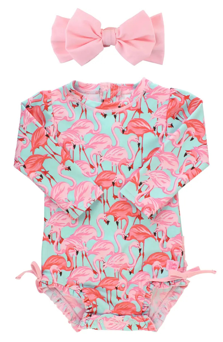 RuffleButts Fab Flamingo Floral One-Piece Swimsuit & Headband Set | Nordstrom | Nordstrom