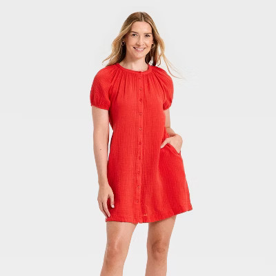 Women's Puff Short Sleeve Button-Down Mini A-Line Sundress - Universal Thread™ | Target