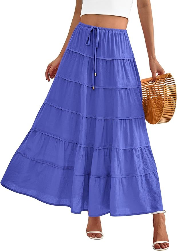 MASCOMODA Summer Long Maxi Skirt for Women 2024 Causal Boho Flowy High Waisted Ruffle Tiered A-Li... | Amazon (US)