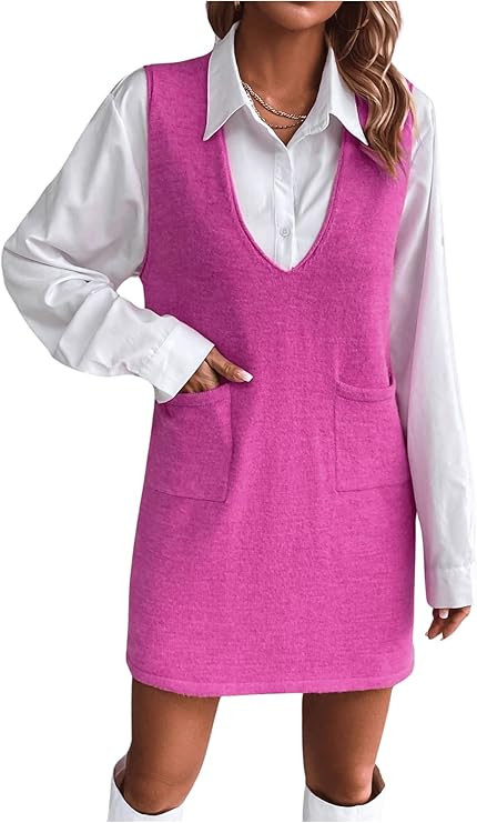 GORGLITTER Women's Sleeveless V Neck Short Sweater Dress Dual Pocket Straight Dresses | Amazon (US)