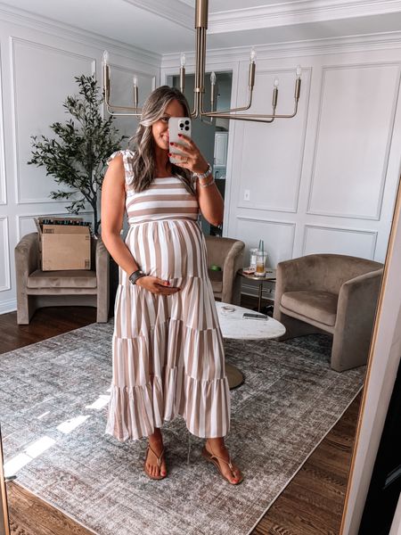 Amazon summer maxi dress neutral bumpfriendly with tie straps making it nursing and pumping friendly! 

I am 33 weeks pregnant and 5’8 wearing a medium. 

#bumpstyle #maternity 

#LTKFindsUnder50 #LTKStyleTip #LTKBump