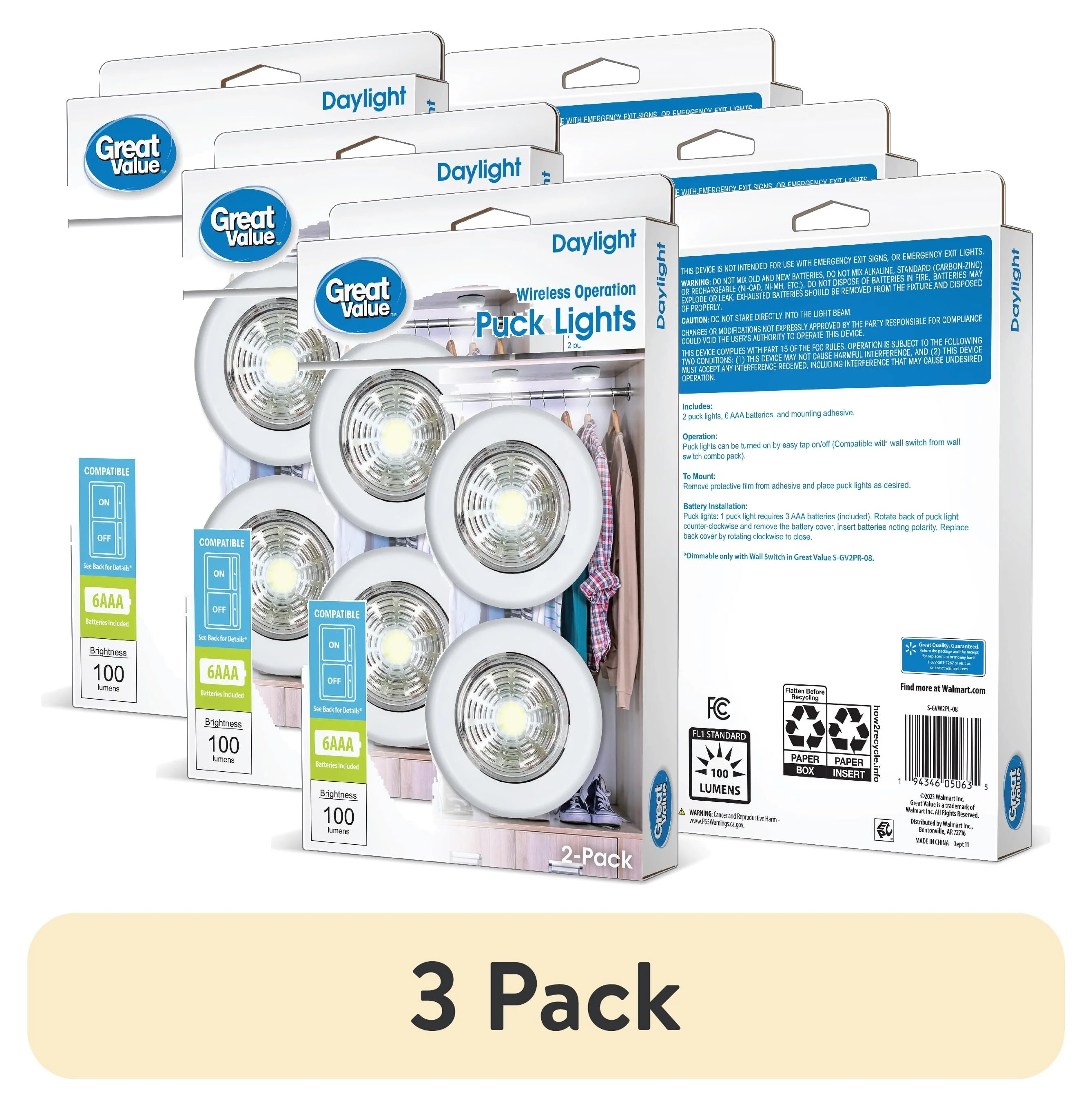 (3 pack) Great Value 100 Lumens Wireless LED Puck Lights – 2 Pack | Walmart (US)