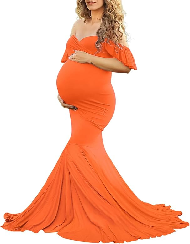 Saslax Off Shoulder Ruffle Sleeves Elegant Fitted Maxi Maternity Dress for Photoshoot Baby Shower | Amazon (US)