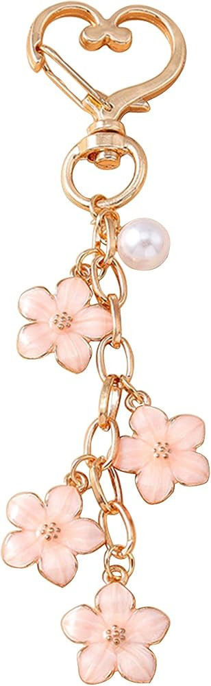 Llavero de flor de cerezo para mujer, dijes de bolsa de flores con perla, llavero esmaltado para ... | Amazon (US)