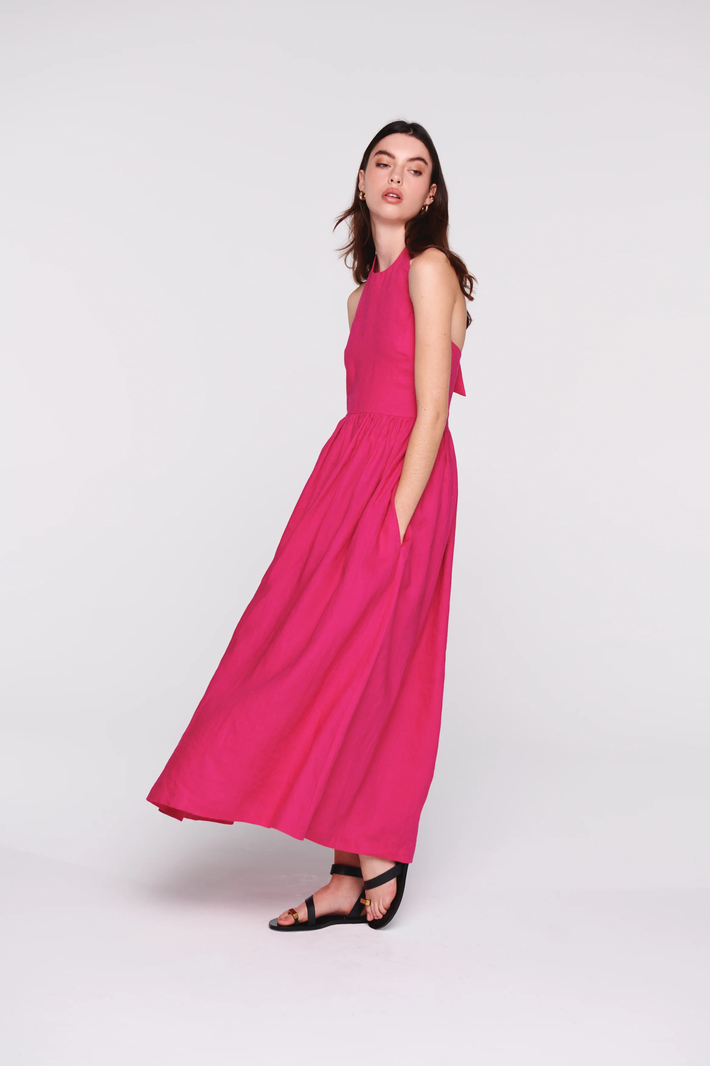 Holly | Midi Linen Dress in Raspberry Pink | ALIGNE | ALIGNE USA