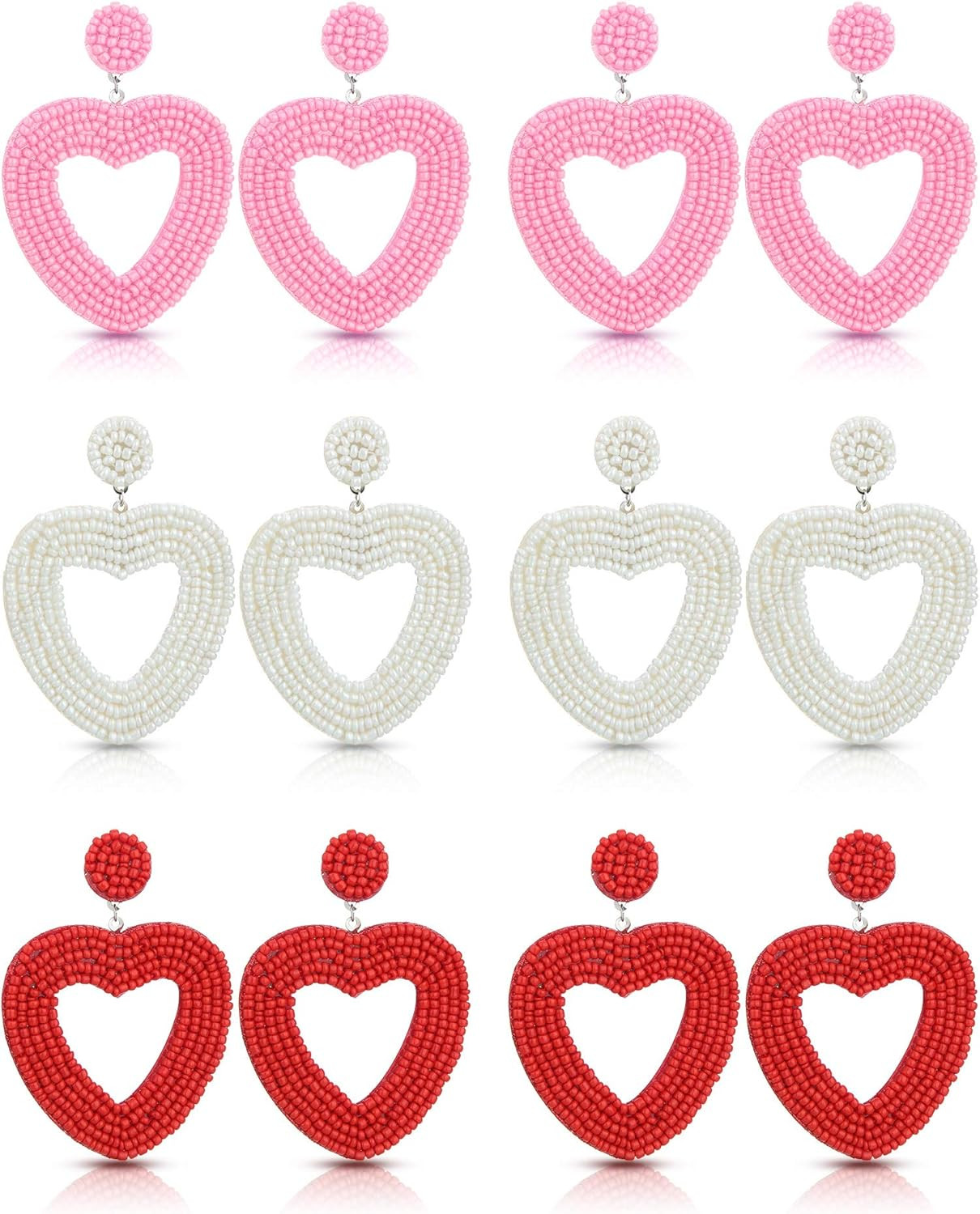 6 Pairs Valentine's Day Heart Earrings Heart Beaded Drop Earrings Bohemia Statement Dangle Earrings  | Amazon (US)