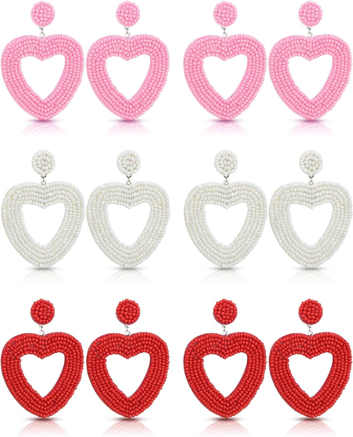 6 Pairs Valentine's Day Heart Earrings Heart Beaded Drop Earrings Bohemia Statement Dangle Earrings  | Amazon (US)