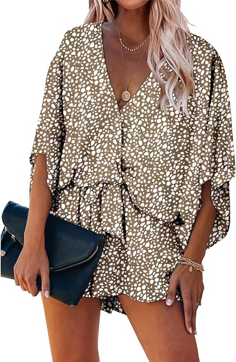PRETTYGARDEN Women’s Floral Print Shorts Jumpsuit Wrap V Neck 3/4 Sleeve Casual Loose Oversized... | Amazon (US)