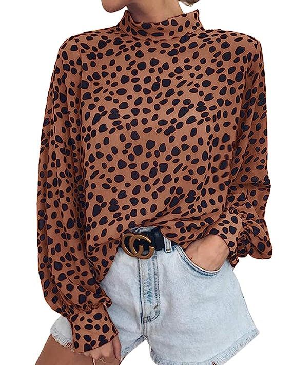 Valphsio Womens Long Sleeve Turtleneck Blouse Leopard Print Loose Nightout Shirt Tops | Amazon (US)