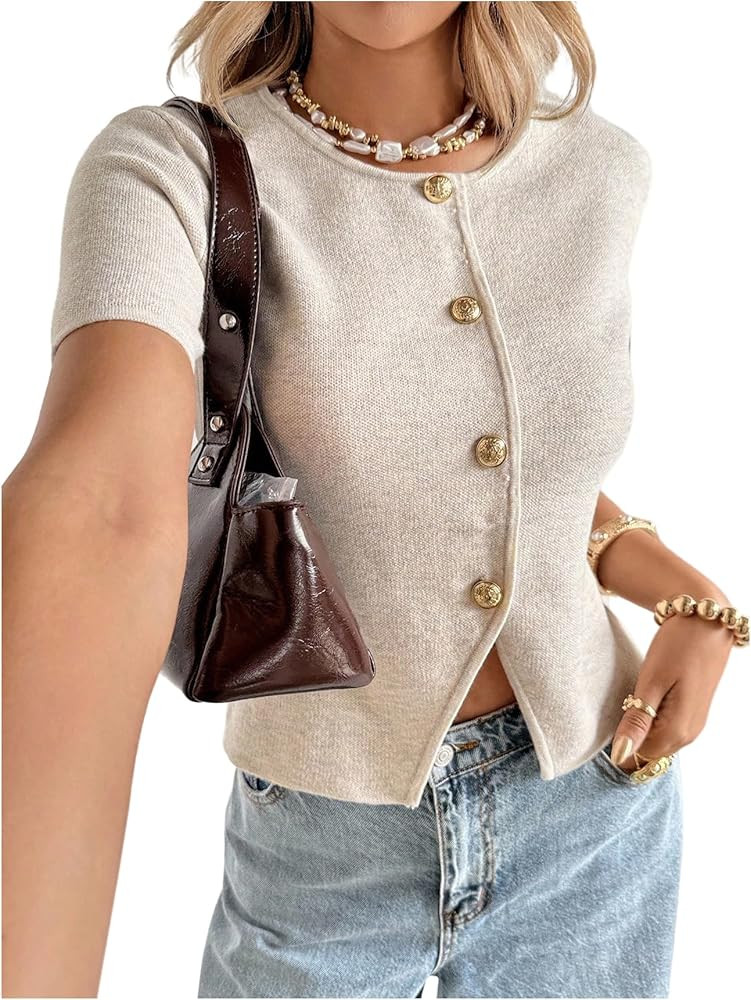 SOLY HUX Women's Button Down Short Sleeve Cardigan Crew Neck Fitted Knit Sweater Tops | Amazon (US)