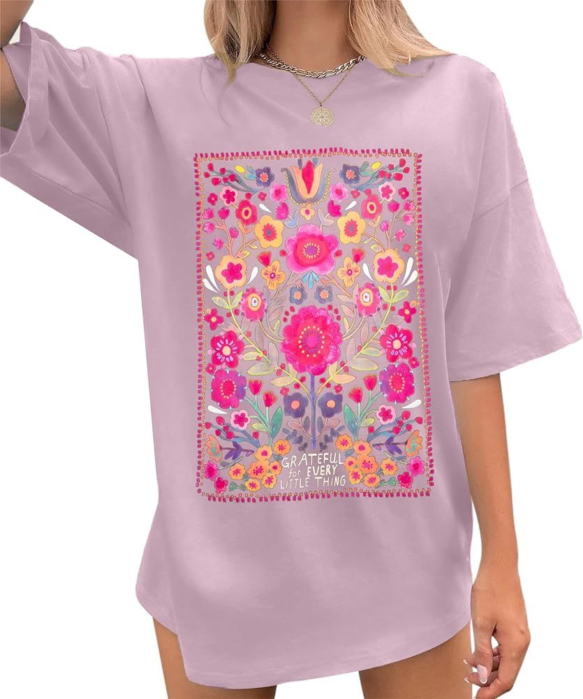 Oversized Womens T Shirt Floral Graphic Tees Cute Spring Shirt Vintage Wildflower Tshirt Inspirat... | Amazon (US)